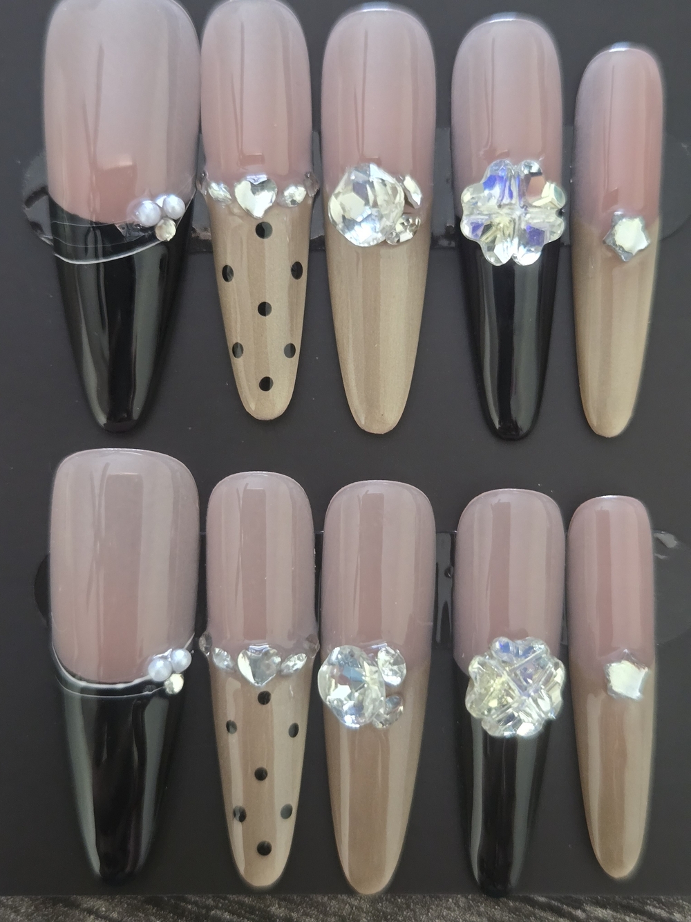 Hand Crafted Blush Pink, Black & Tan Press-On Nail Set with Crystal Accents
